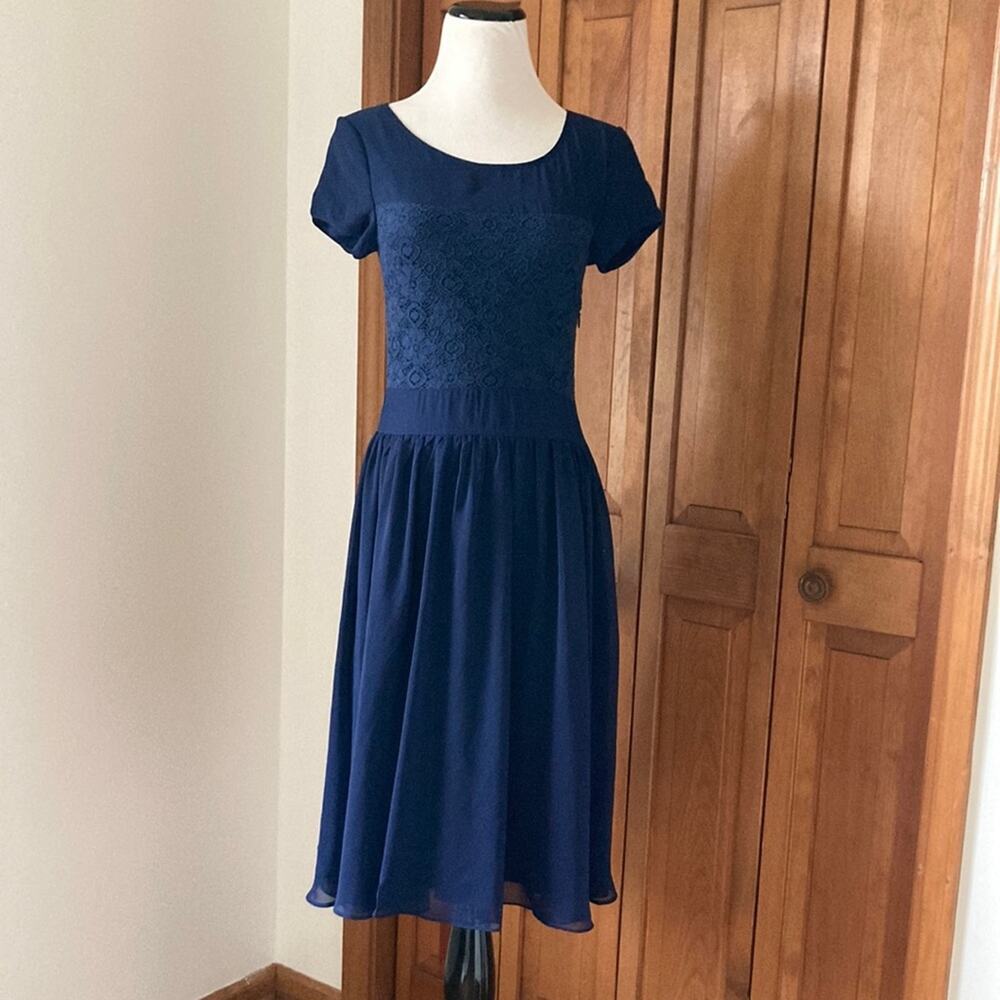 Mikarose Navy Blue Chiffon & Lace Midi Dress, Size XS